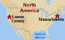 Map of North America, Showing the distance from Lassen County to Massachusetts